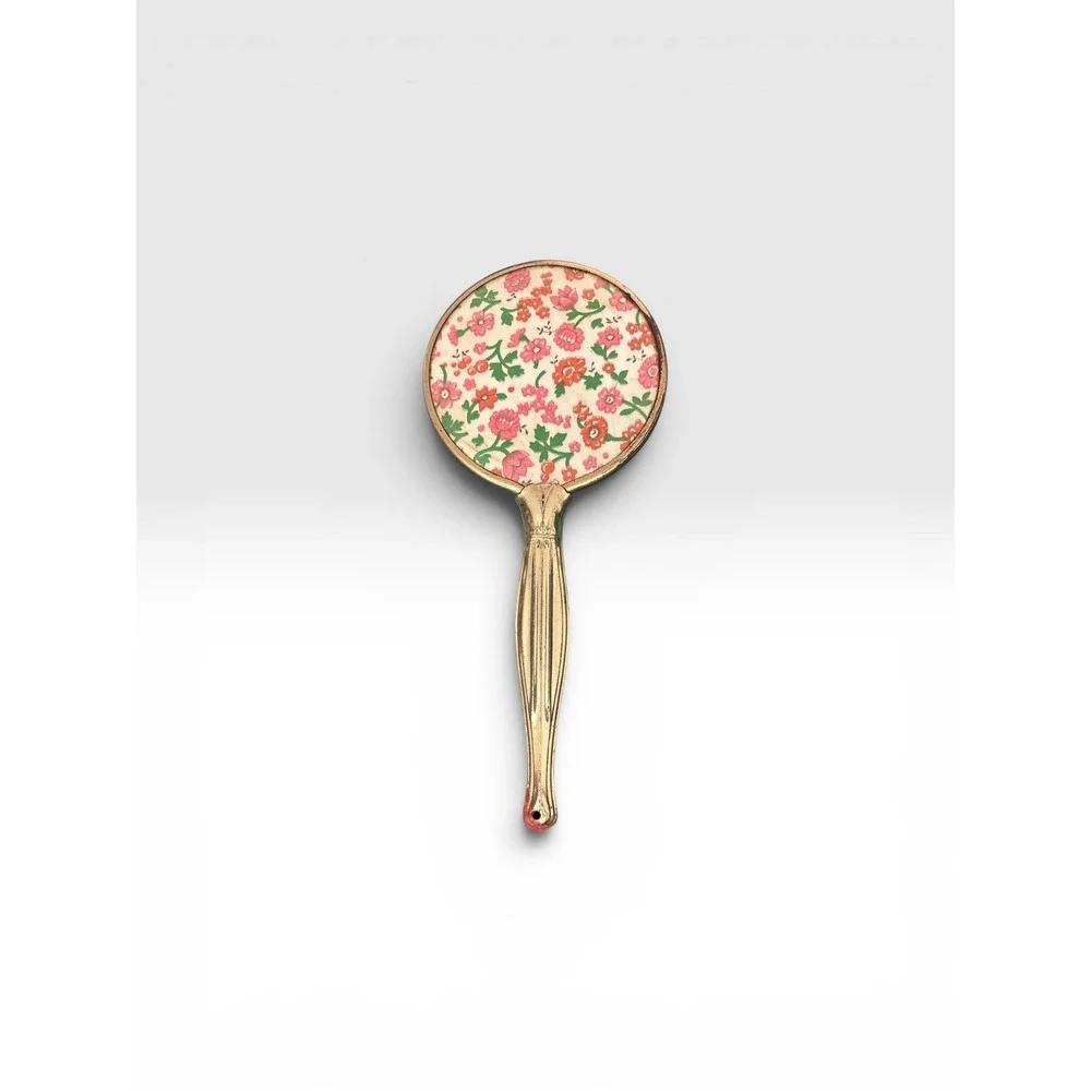 Vintage Floral Hand Mirror Gold Tone Metal Fluted Handle Round Vanity Mirror